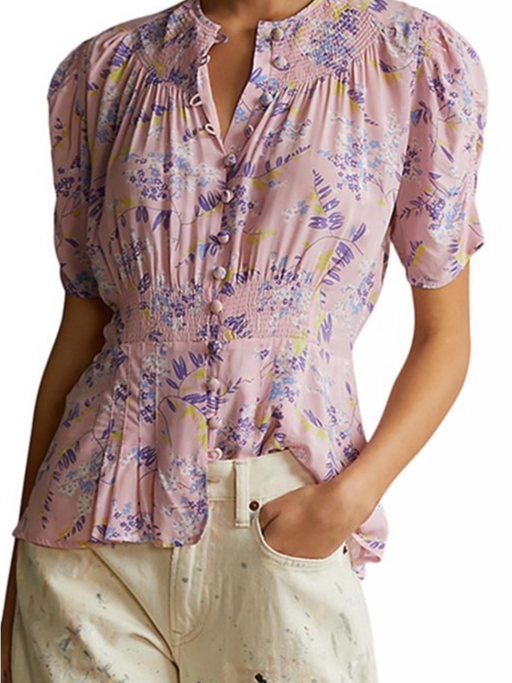 Ralph Lauren Pink Floral Smocked Button-Front Blouse